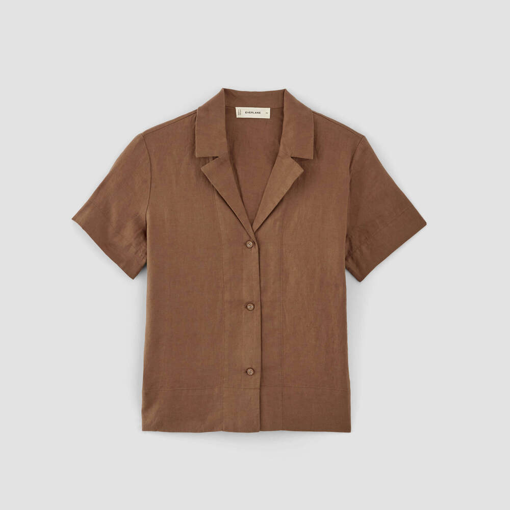 Everlane Women's Notch Shirt in Linen in Carob Brown, Size 2XL